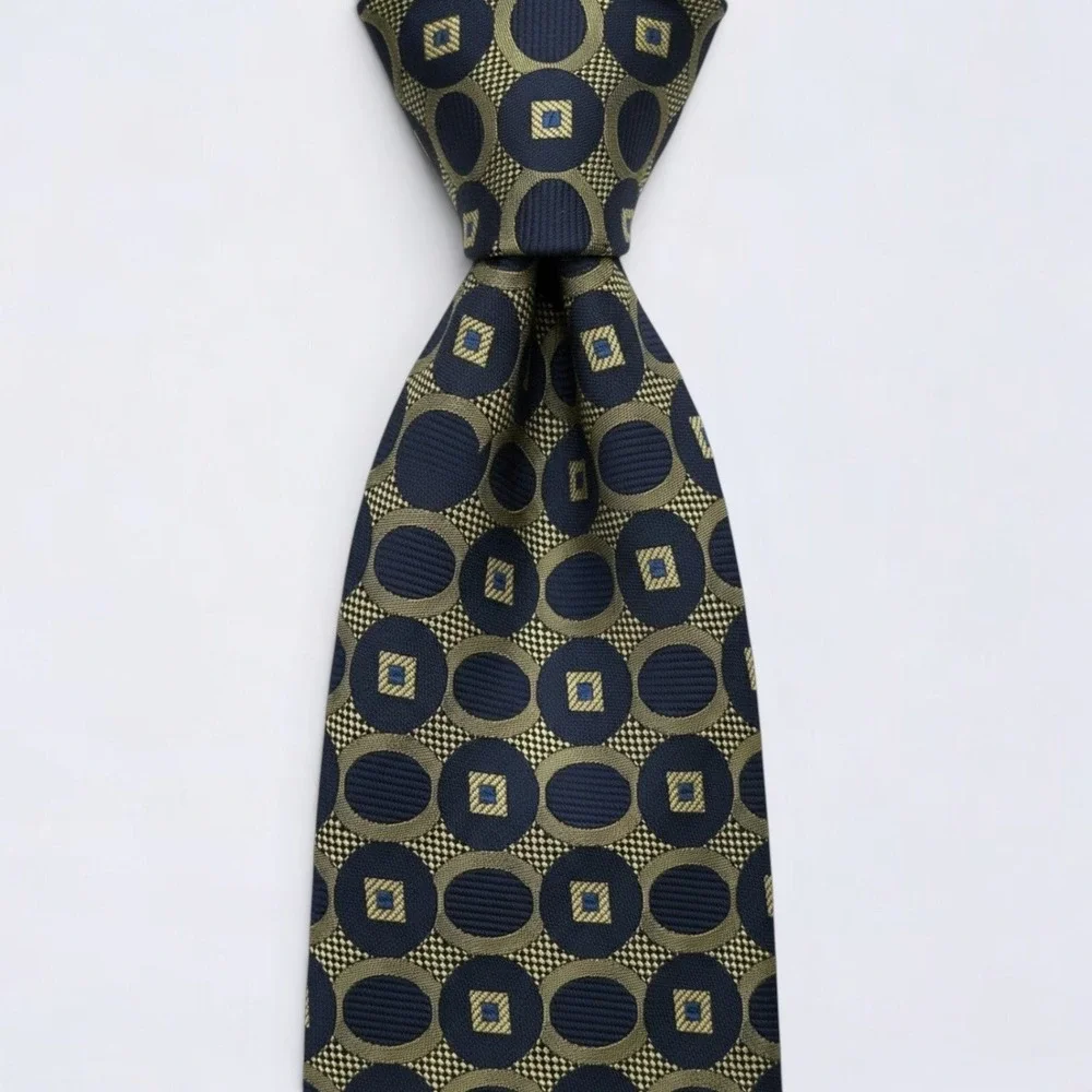 Jos A Bank Necktie Adult Navy Blue Gold Geometric Circles Silk Hand Made In USA